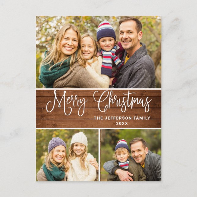 Minimalist Rustic 3 PHOTO Christmas Holiday Boho Postcard (Front)