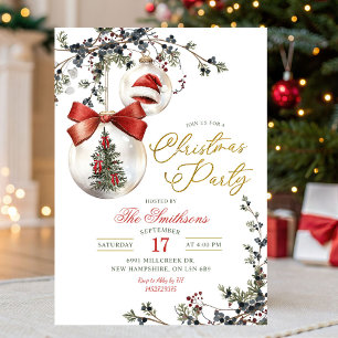 Minimalist Rustic Floral Baubles Christmas Party Invitation
