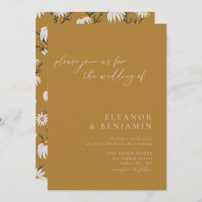 Minimalist Rustic Floral Mustard Yellow Wedding Invitation (Front/Back)