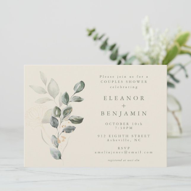 Minimalist Rustic Gold Greenery Couples Shower Invitation (Standing Front)