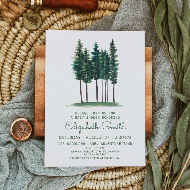 Minimalist Rustic Green Trees Baby Shower Invitation (Creator Uploaded)