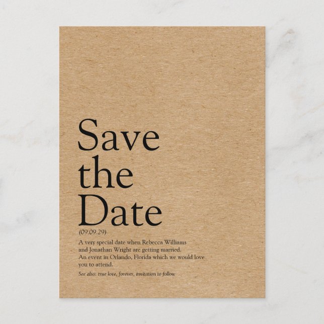Minimalist Rustic Kraft Save the Date Definition Announcement Postcard (Front)