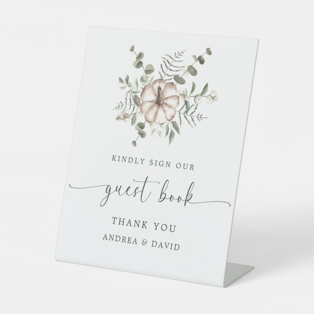 Minimalist Rustic Pumpkin Wedding Guest Book Sign (Front)