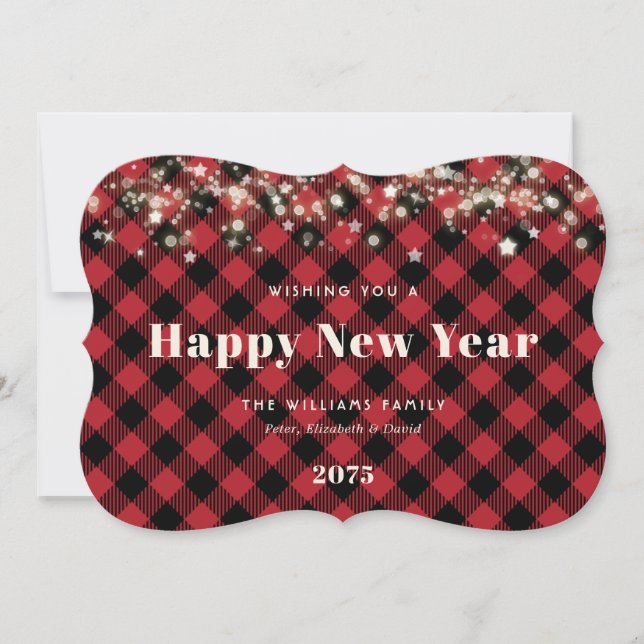 Minimalist Rustic Red Plaid New Year Card (Front)
