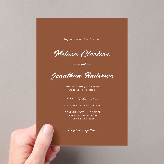 Minimalist Rustic Terracotta Bordered Wedding Acrylic Invitations (Insitu (Handheld))
