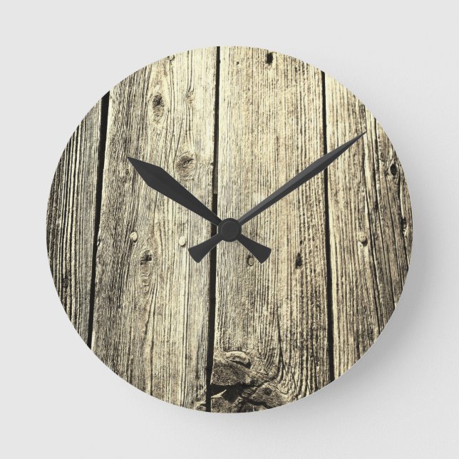 Minimalist Rustic Weathered Barn Wood Look Round Clock (Front)