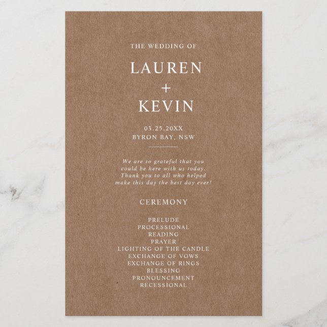 Minimalist Rustic Wedding Ceremony Program (Front)