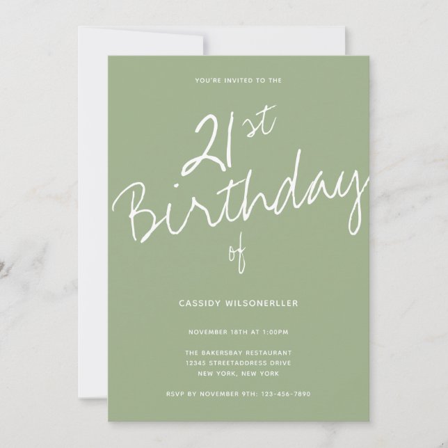 Minimalist Sage 21st Birthday Invitation (Front)