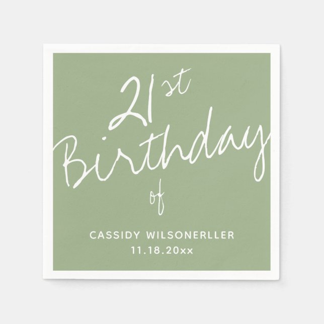Minimalist Sage 21st Birthday Napkin (Front)
