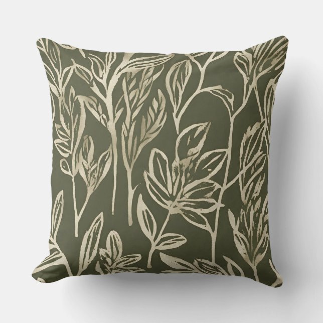 Minimalist Sage and Beige Botanical Leaf Cushion (Front)