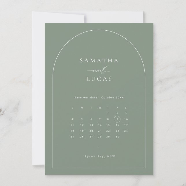 Minimalist sage arch calendar Save the Date Invitation (Front)