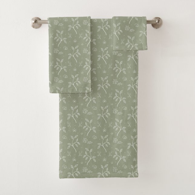 Minimalist Sage Botanical Line Art Bath Towel Set (Insitu)