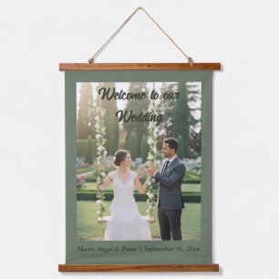 Minimalist Sage Green 26x36 Photo Wedding Welcome Hanging Tapestry