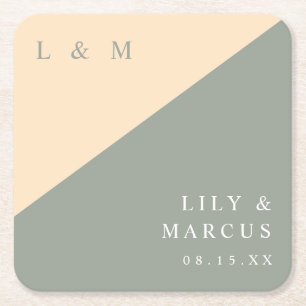 Minimalist Sage Green And Cream Monogram Wedding Square Paper Coaster