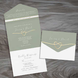 Minimalist Sage Green and Gold Wedding All In One Invitation