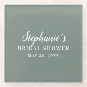 Minimalist Sage Green and White Bridal Shower      Glass Coaster