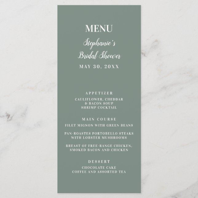 Minimalist Sage Green and White Bridal Shower      Menu (Front)
