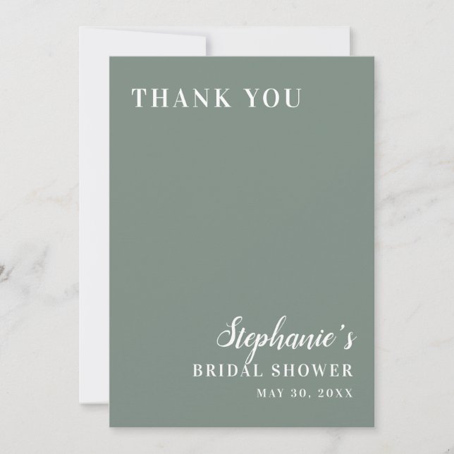 Minimalist Sage Green and White Bridal Shower      Thank You Card (Front)