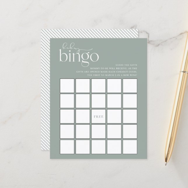 Minimalist Sage Green Baby Bingo Game (Front/Back In Situ)