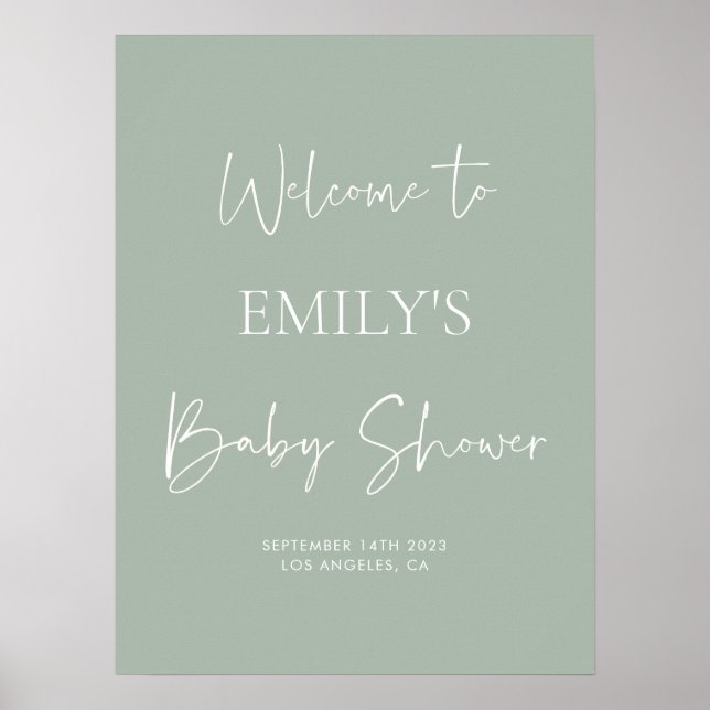 Minimalist Sage Green Baby Shower Welcome Sign (Front)