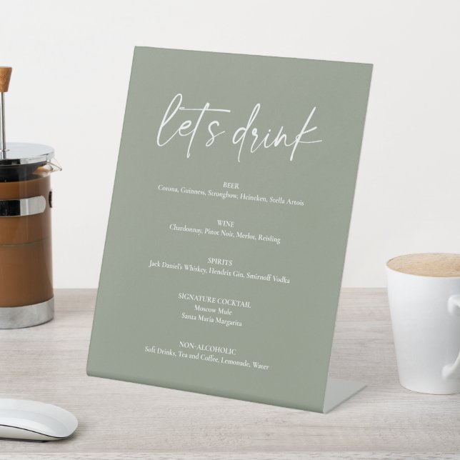 Minimalist Sage Green Boho Wedding Drink Bar Menu Pedestal Sign (In SItu)