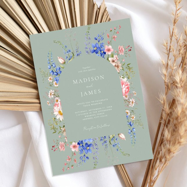 Minimalist Sage Green Boho Wildflower Wedding Invitation (Creator Uploaded)