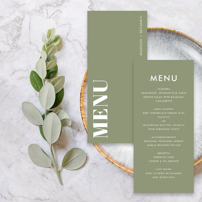 Minimalist Sage Green Bold  Modern Wedding Menu (Front / Back)