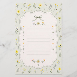 Minimalist Sage Green Bow and Elegant Floral Lined Stationery