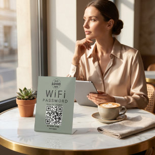 Minimalist Sage Green Business WiFi QR Code Logo Pedestal Sign