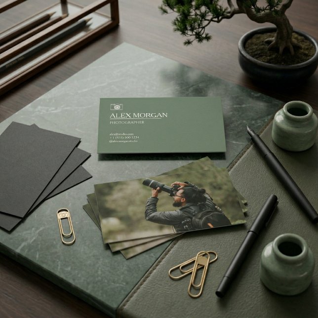 Minimalist Sage Green Camera Logo Photographer   Business Card (Minimalist Sage Green Camera Logo Photographer Double-Sided)