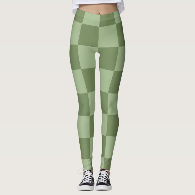 Minimalist Sage Green Checkerboard Pattern Leggings (Front)
