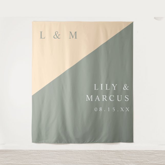Minimalist Sage Green Cream Wedding Photo Backdrop Tapestry (Front)