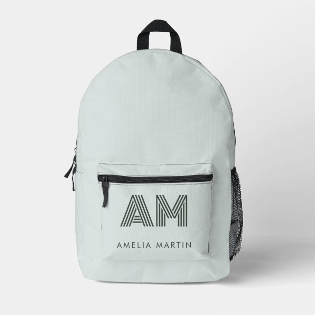 Minimalist Sage Green Custom Monogram Geometric Printed Backpack (Front)