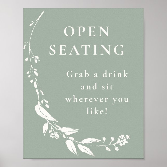 Minimalist Sage Green Floral Open Seating Sign (Front)