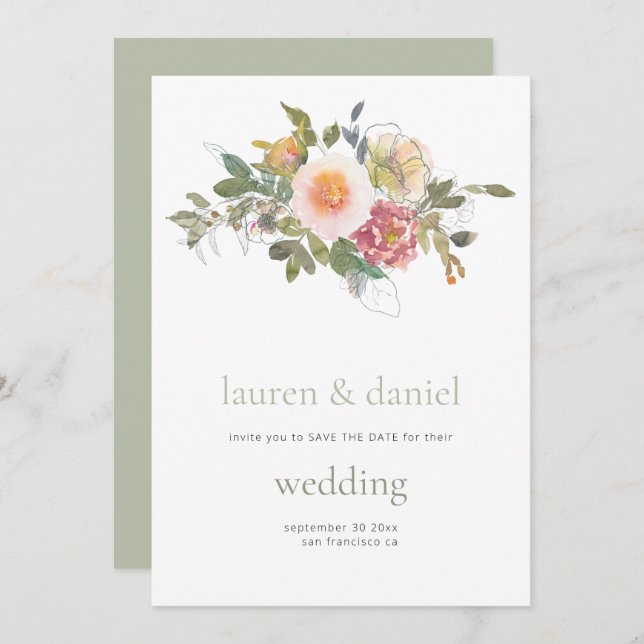 Minimalist Sage Green Floral QR Wedding Save The Date (Front/Back)