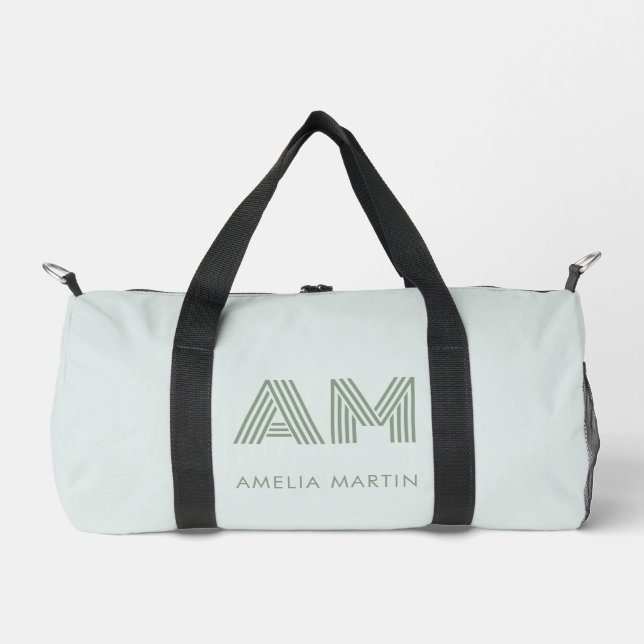 Minimalist Sage Green Geometric Custom Monogram Duffle Bag (Front)