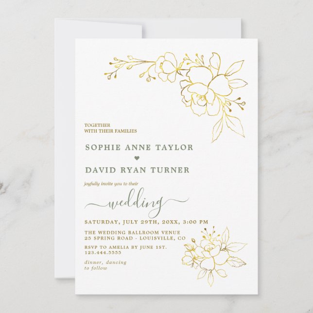 Minimalist Sage Green Gold Flowers Wedding Invitation (Front)