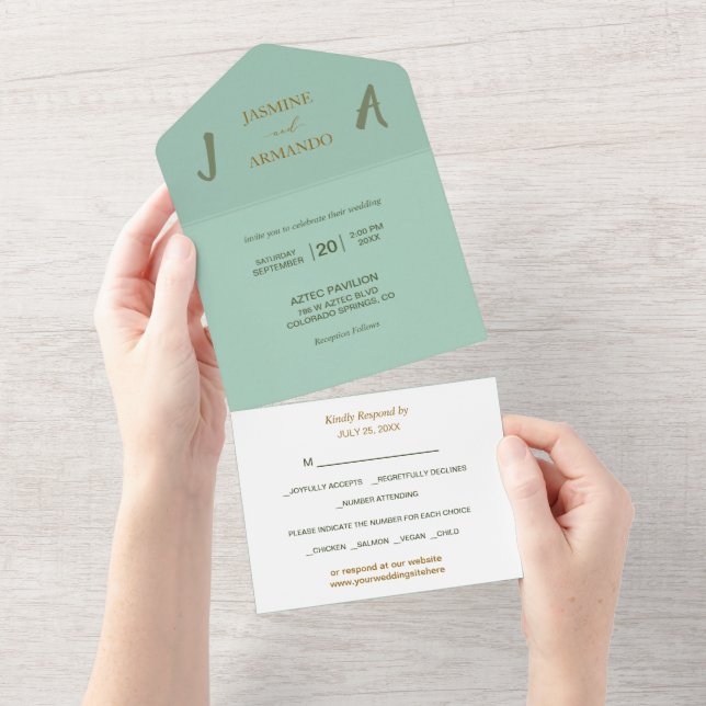 Minimalist Sage Green Gold Photo Wedding All In One Invitation (Tearaway)