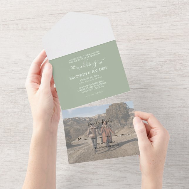 Minimalist Sage Green Greenery Wedding All In One Invitation (Tearaway)