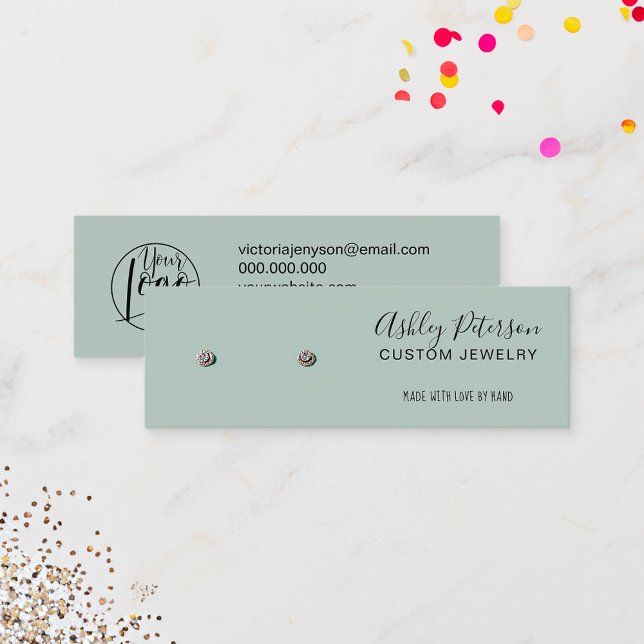 Minimalist sage green jewellery earring display  mini business card (Minimalist sage green jewelry earring display mini business card)