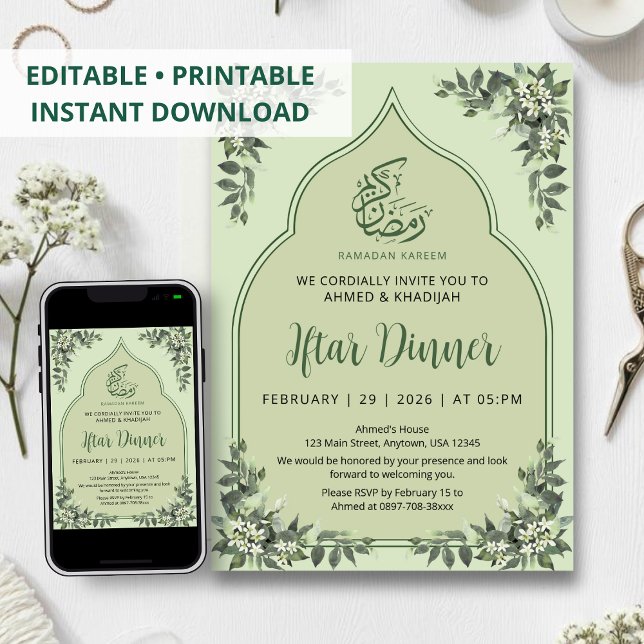 Minimalist Sage Green Leafy Arch Iftar Invitation (Creator Uploaded)