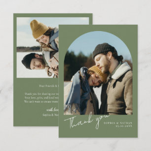 Minimalist Sage Green Modern Arch 2 Photo Wedding Thank You Card
