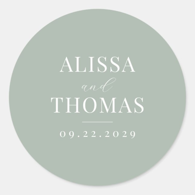 Minimalist Sage Green Modern Wedding Classic Round Sticker (Front)