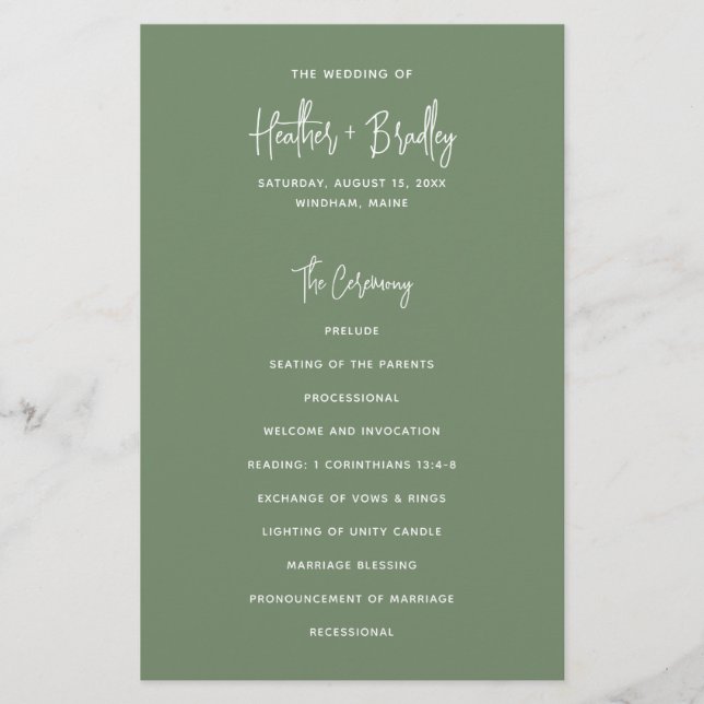 Minimalist Sage Green Modern Wedding Program Flyer (Front)