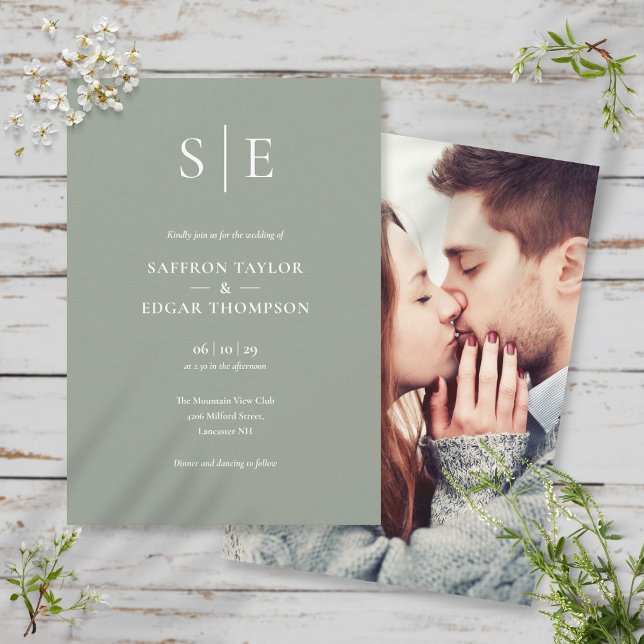 Minimalist Sage Green Monogram Photo Wedding Invitation (Creator Uploaded)