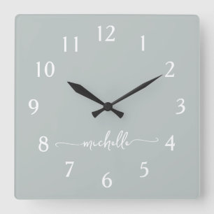 Minimalist Sage Green Monogram Signature Script Square Wall Clock