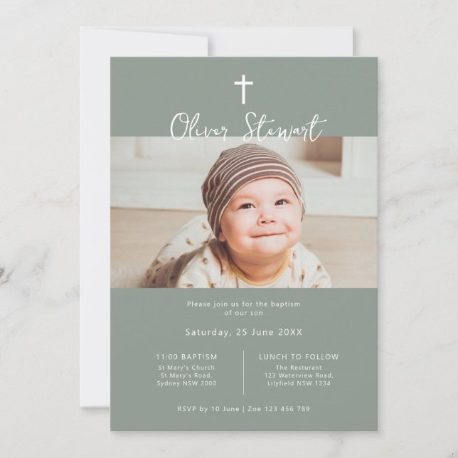 Minimalist sage green photo baptism christening invitation (Front)