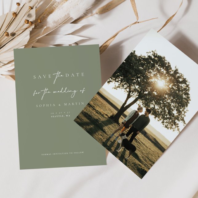 Minimalist Sage Green Photo Save the Date Card (Creator Uploaded)
