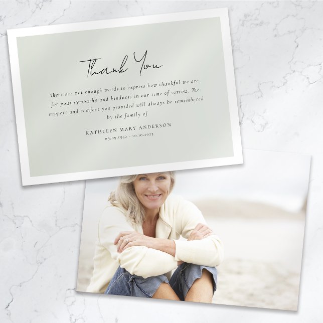 Minimalist Sage Green Photo Sympathy Funeral Thank You Card (Creator Uploaded)