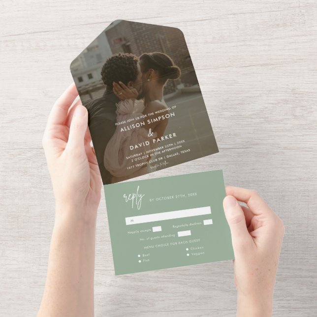 Minimalist Sage Green Photo Unique Wedding All In All In One Invitation (Tearaway)